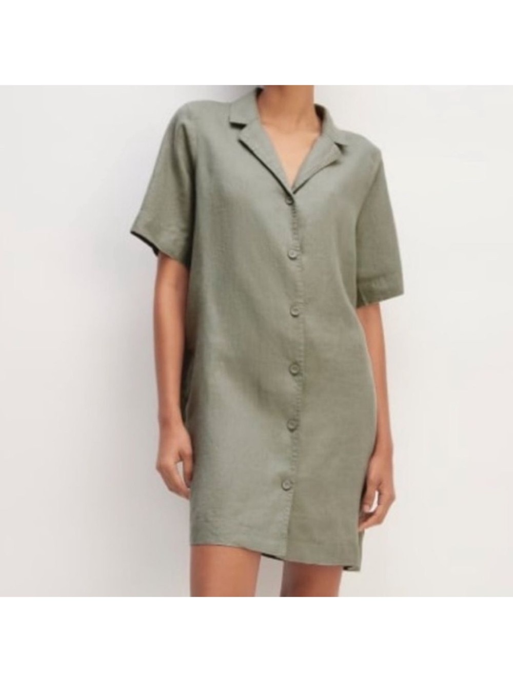 Everlane 100% Europeon Flax Linen Green Button Pocket Shirt Dress Coastal Resort